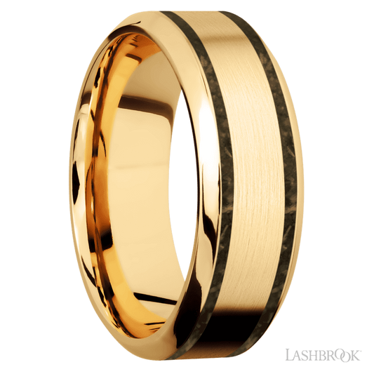 8 mm wide/High Bevel/14K Yellow Gold band with two 1 mm Wide inlays of Gold Tiger Eye.