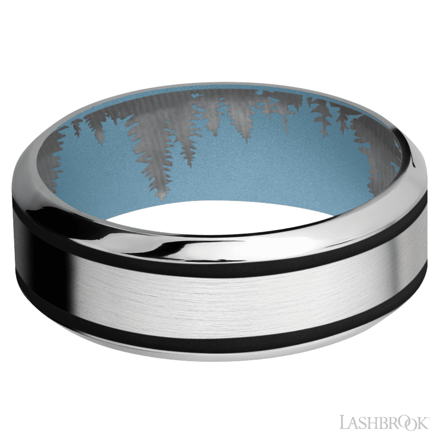 8 mm wide/High Bevel/Cobalt Chrome band with two 1 mm Wide inlays of Black also featuring a Polar Blue sleeve.