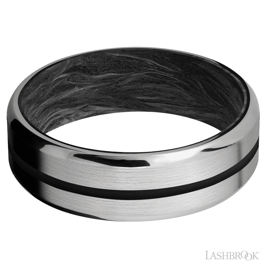 7 mm wide/Beveled/Titanium band with one 1 mm Centered inlay of Black also featuring a Forged Carbon Fiber sleeve.
