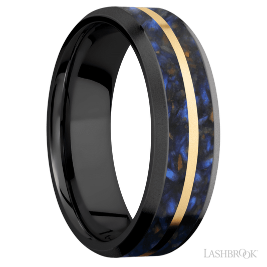 7 mm wide/Beveled/Zirconium band featuring inlays of Blue Tiger Eye and 14K Yellow Gold.