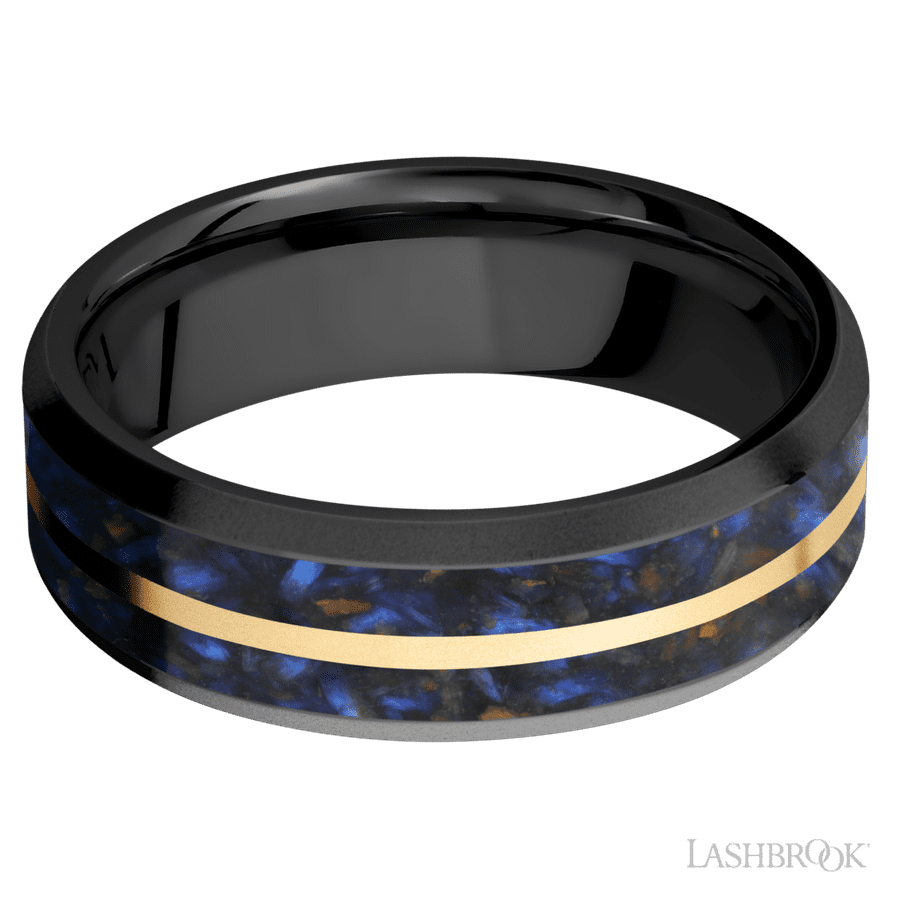 Lashbrook 7mm Beveled Zirconium Wedding Band — Blue Tiger Eye and 14K Yellow Gold Inlay