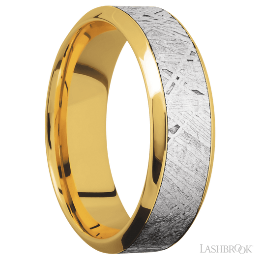 7 mm wide/High Bevel/18K Yellow Gold band with one 4 mm Centered inlay of Meteorite.