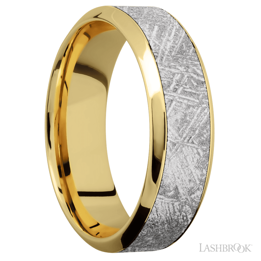 7 mm wide/High Bevel/18K Yellow Gold band with one 4 mm Centered inlay of Meteorite.
