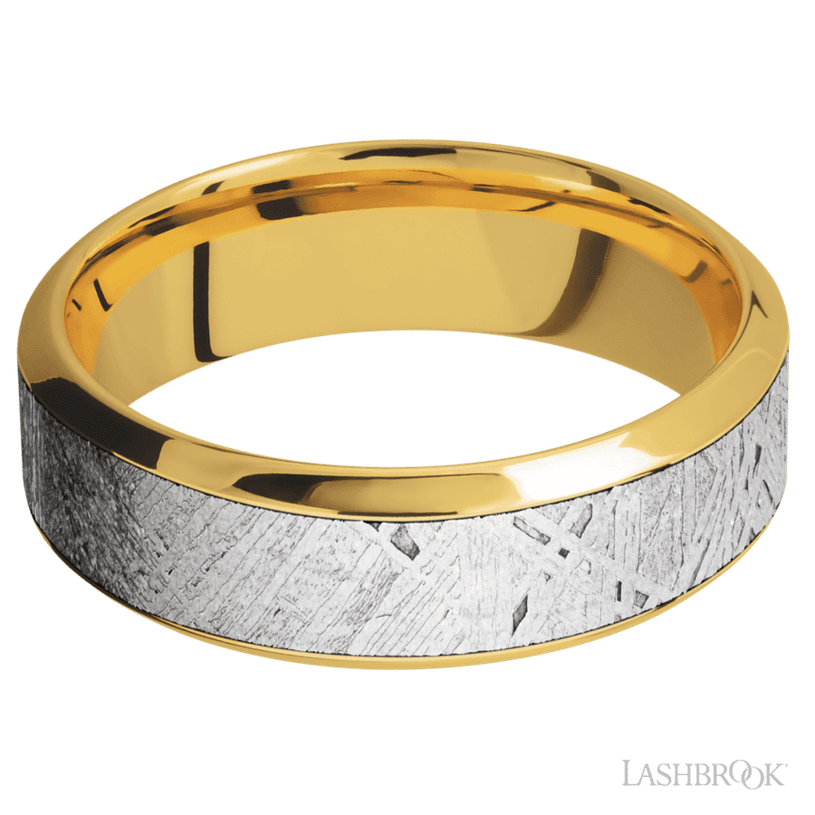 Lashbrook 7mm High Bevel 18K Yellow Gold Wedding Band — Meteorite Inlay