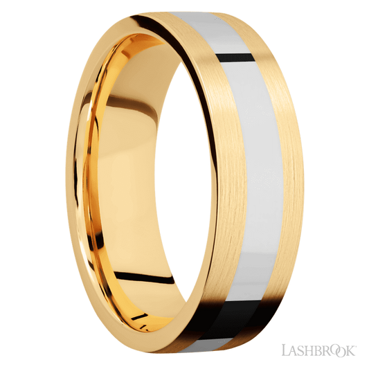 7 mm wide/Flat/14K Yellow Gold band with one 3 mm Centered inlay of 14K White Gold.