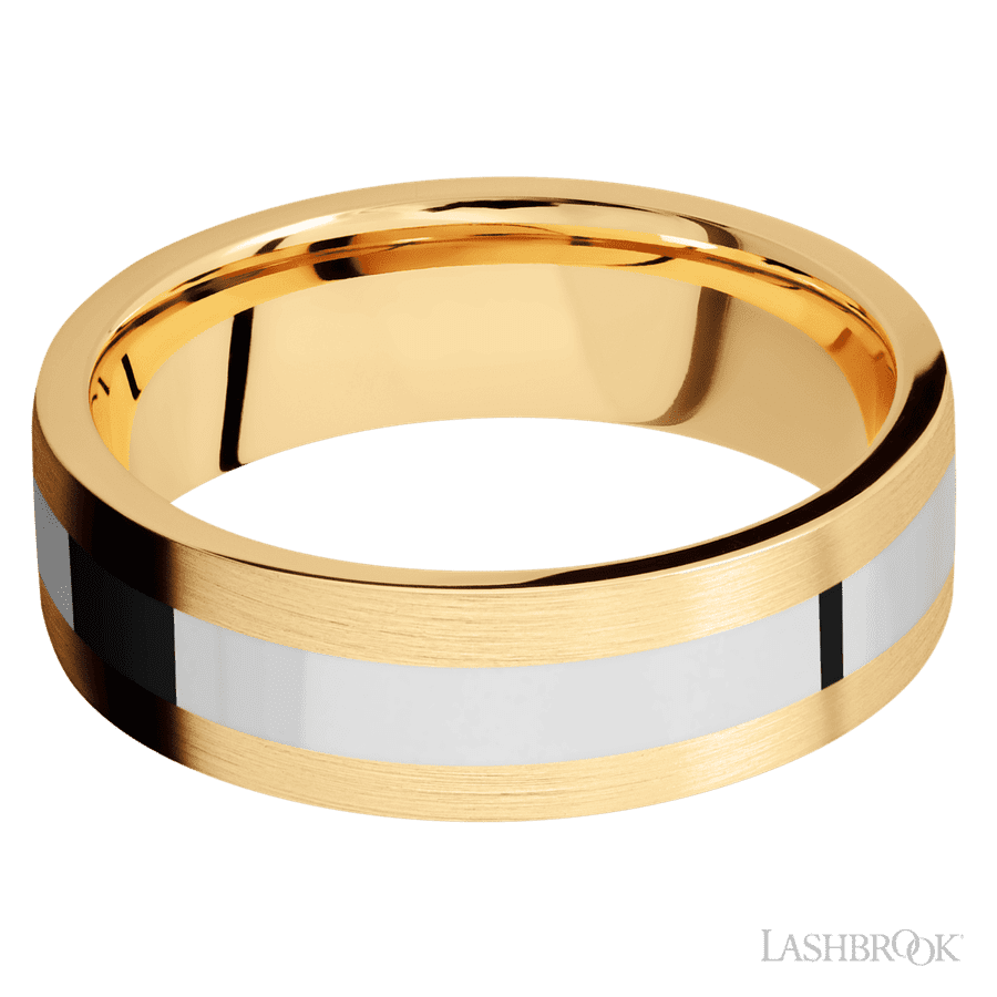 7 mm wide/Flat/14K Yellow Gold band with one 3 mm Centered inlay of 14K White Gold.