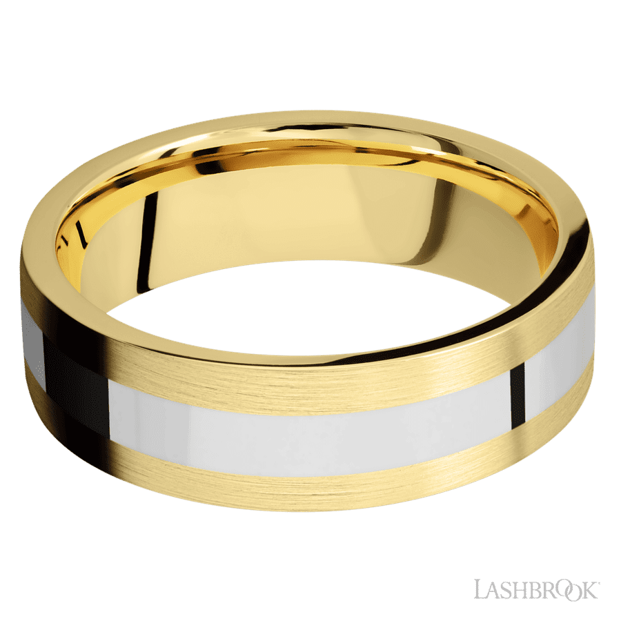 7 mm wide/Flat/14K Yellow Gold band with one 3 mm Centered inlay of 14K White Gold.