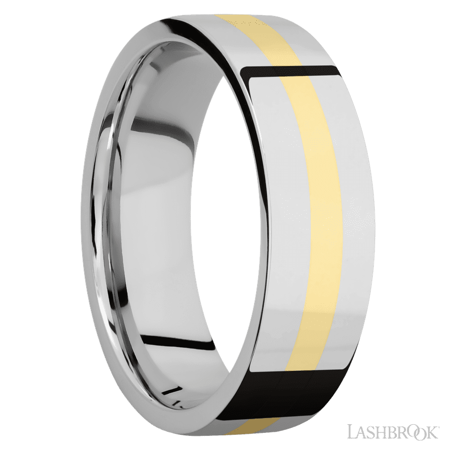 7 mm wide/Flat/14K White Gold band with one 2 mm Centered inlay of 14K Yellow Gold.