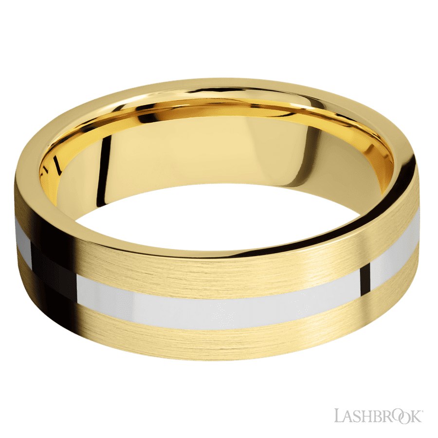 7 mm wide/Flat/14K Yellow Gold band with one 2 mm Centered inlay of 14K White Gold.