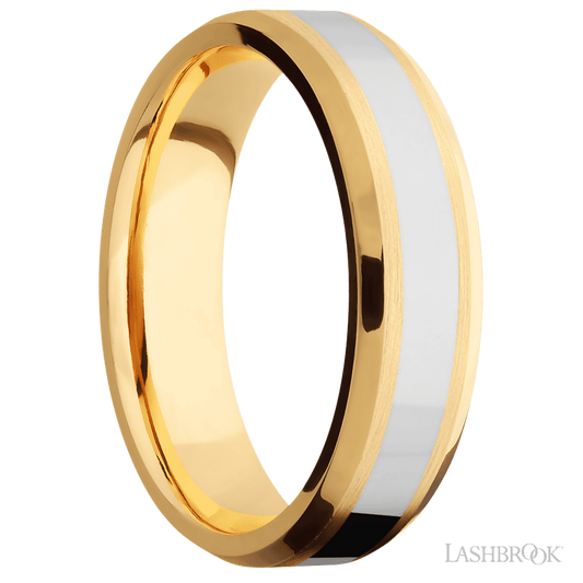 Lashbrook 6mm Beveled 14K Yellow Gold Wedding Band — 14K White Gold Inlay
