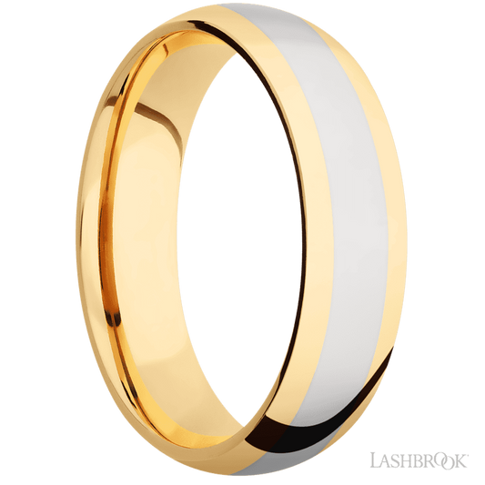 6 mm wide/Domed/14K Yellow Gold band with one 3 mm Centered inlay of 14K White Gold.