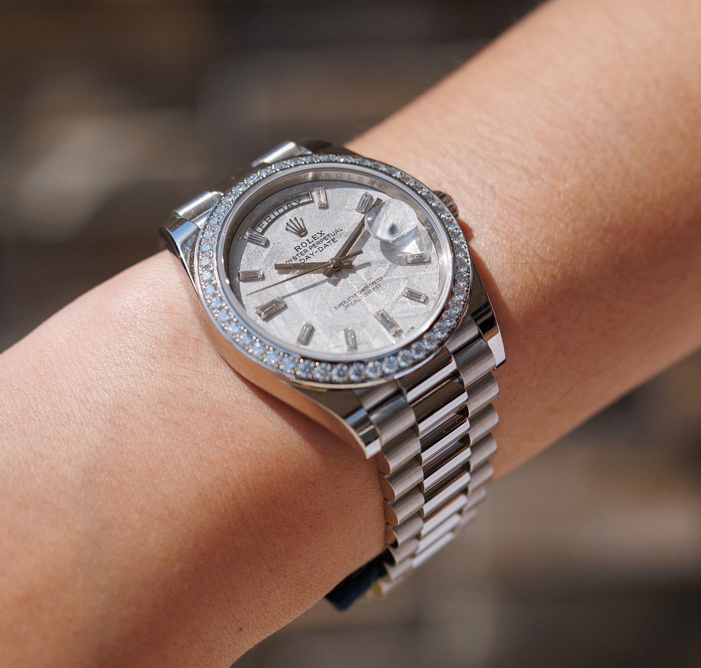 Rolex 228349RBR Day-Date 18k White Gold Meteorite Diamond Dial Watch