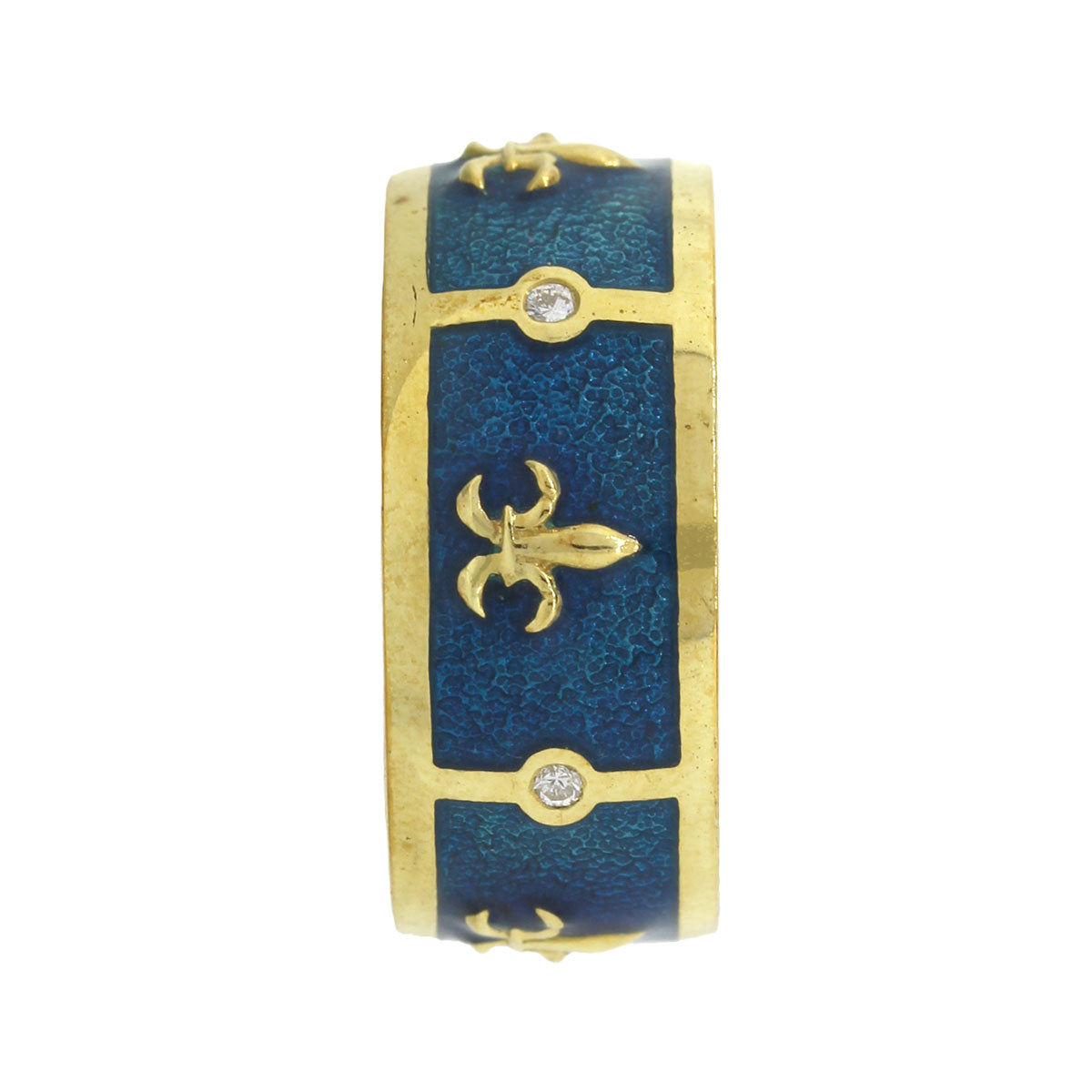 Tesoro 18k Yellow Gold Fleur De Lis Ocean Blue Enamel Band Ring