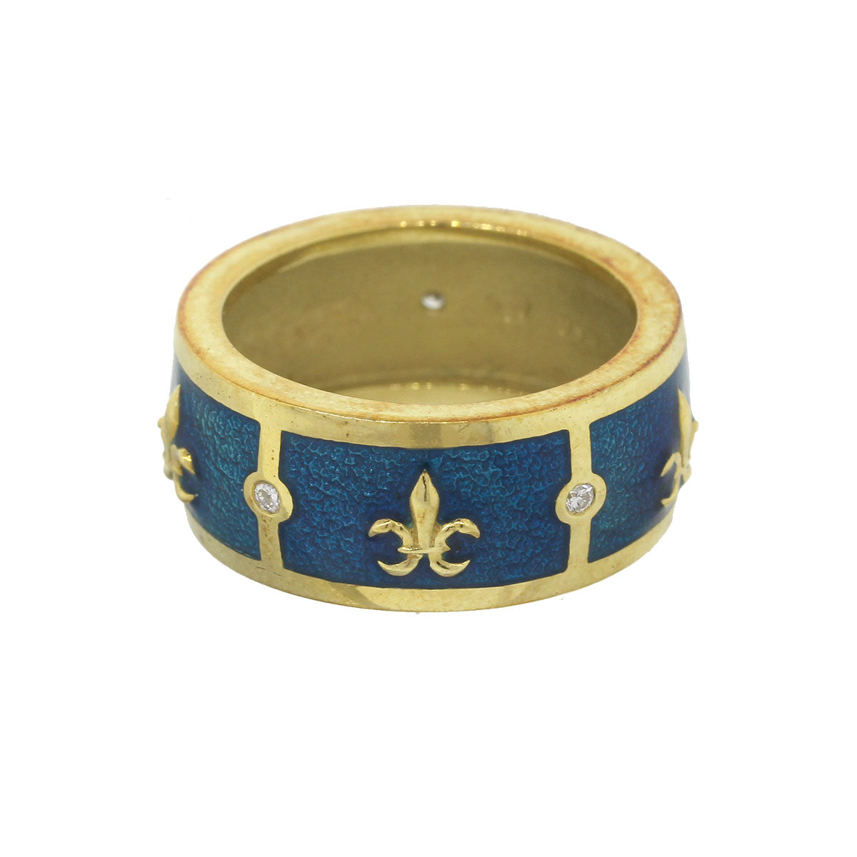 Tesoro 18k Yellow Gold Fleur De Lis Ocean Blue Enamel Band Ring
