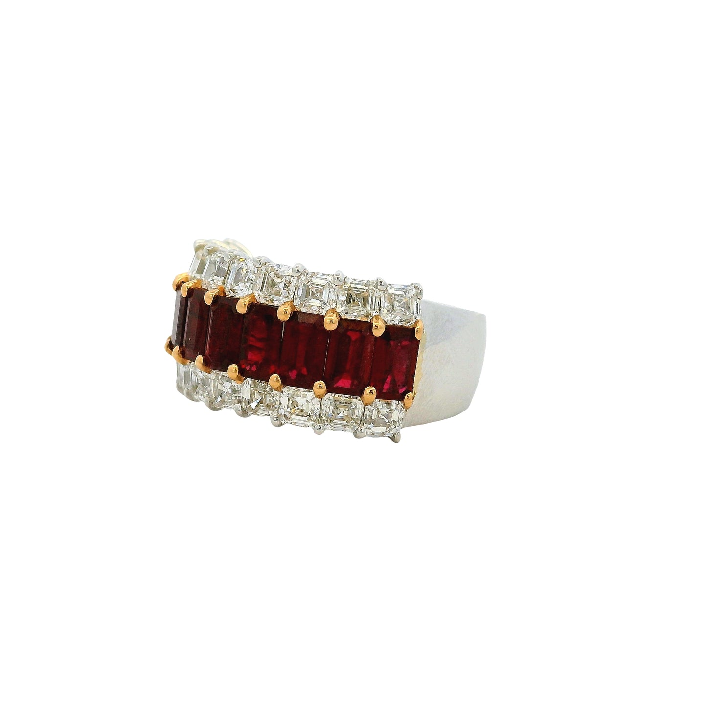 18k White Gold Ruby & Diamond Three Row Wide Ring