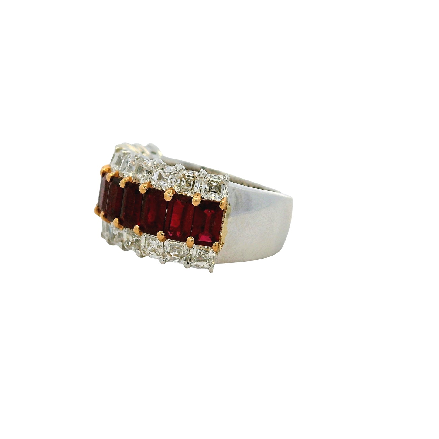 18k White Gold Ruby & Diamond Three Row Wide Ring