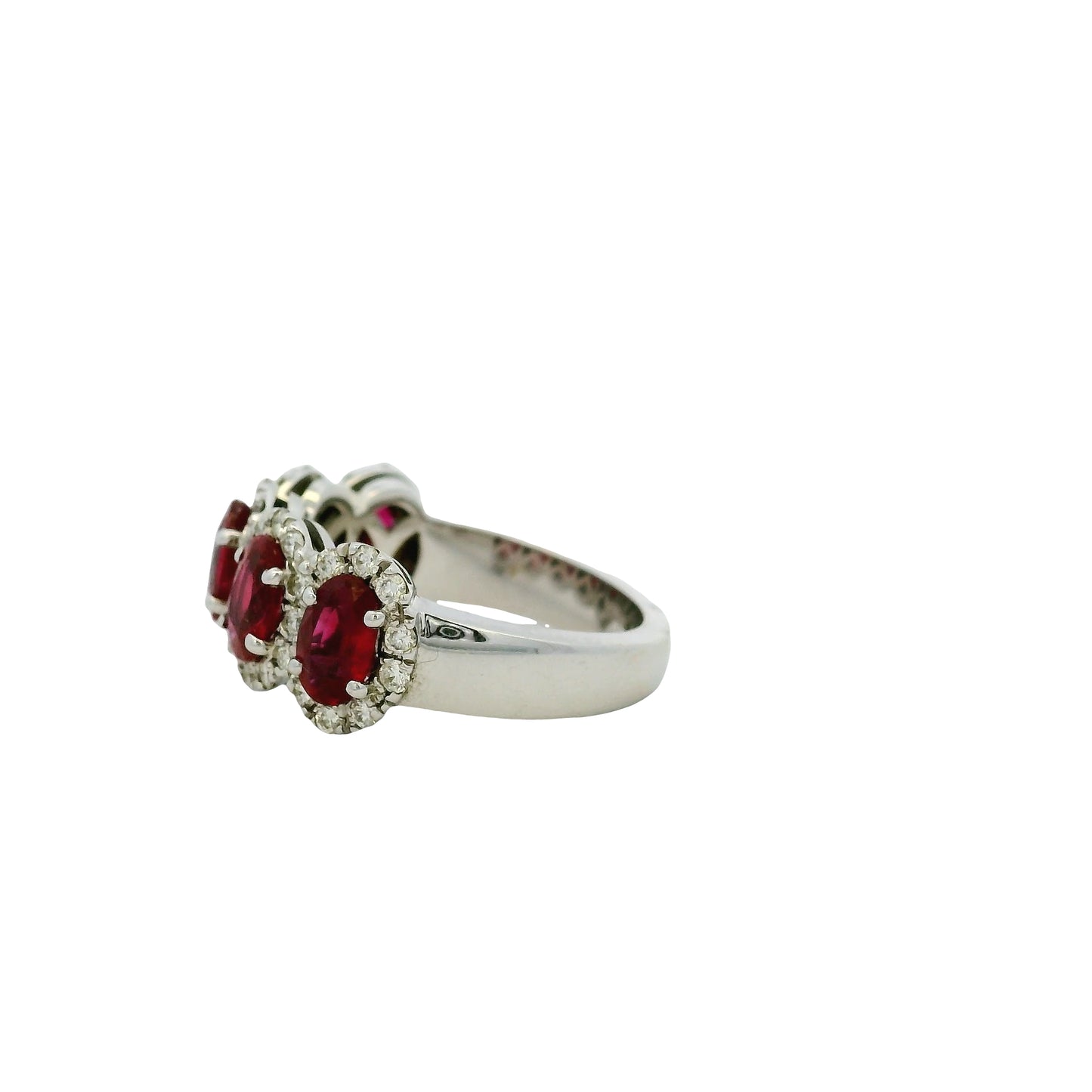 18k White Gold Oval Ruby With Diamond Halo Five Stone Ring