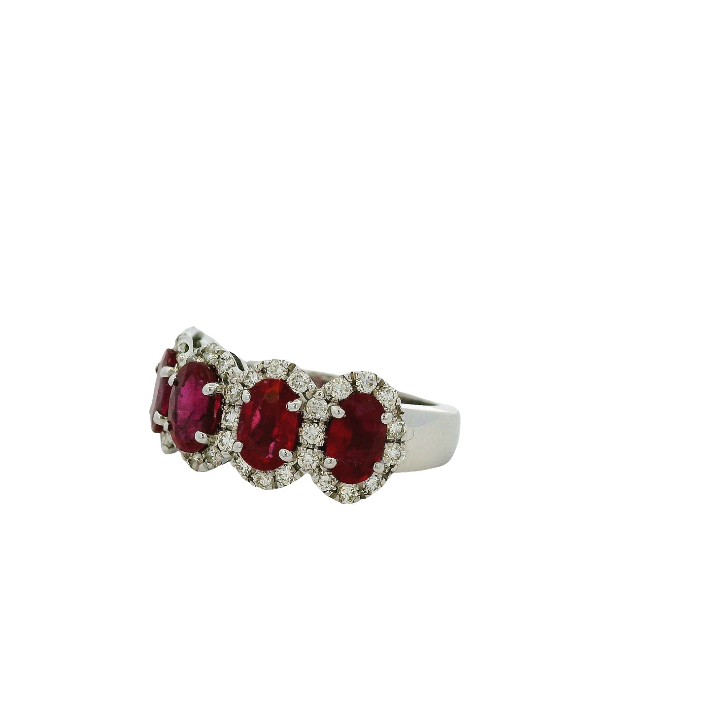 18k White Gold Oval Ruby With Diamond Halo Five Stone Ring