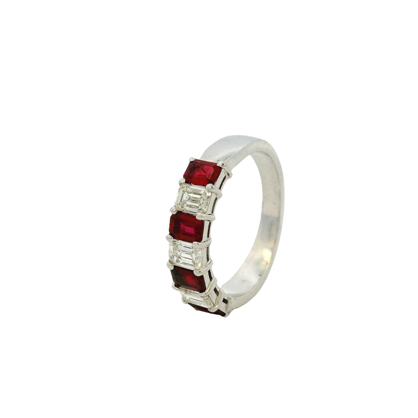 14k White Gold 1.65ctw Natural Emerald Cut Diamond and Ruby Ring