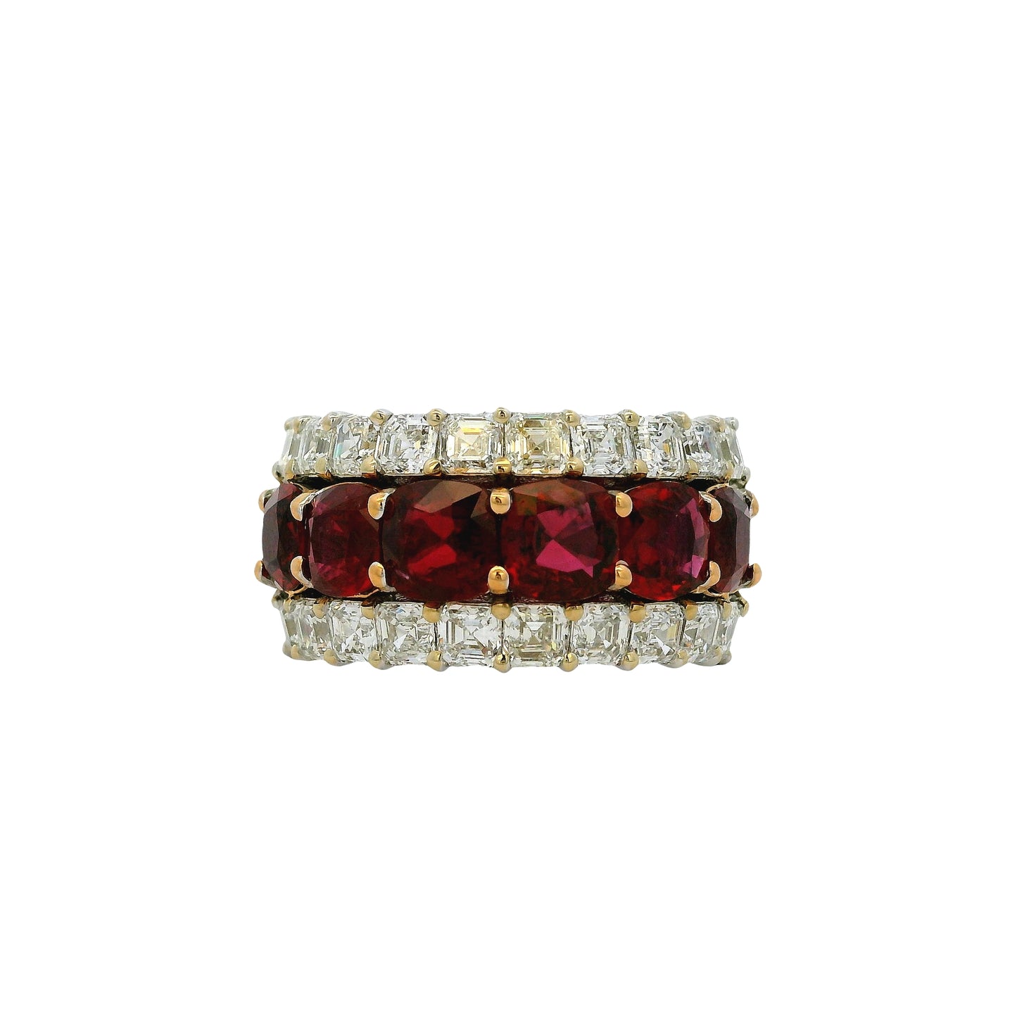 18k White and Yellow Gold 3 Row 4.85ctw Ruby and 2.96ctw Natural Asscher Cut Diamond Ring Wide Band