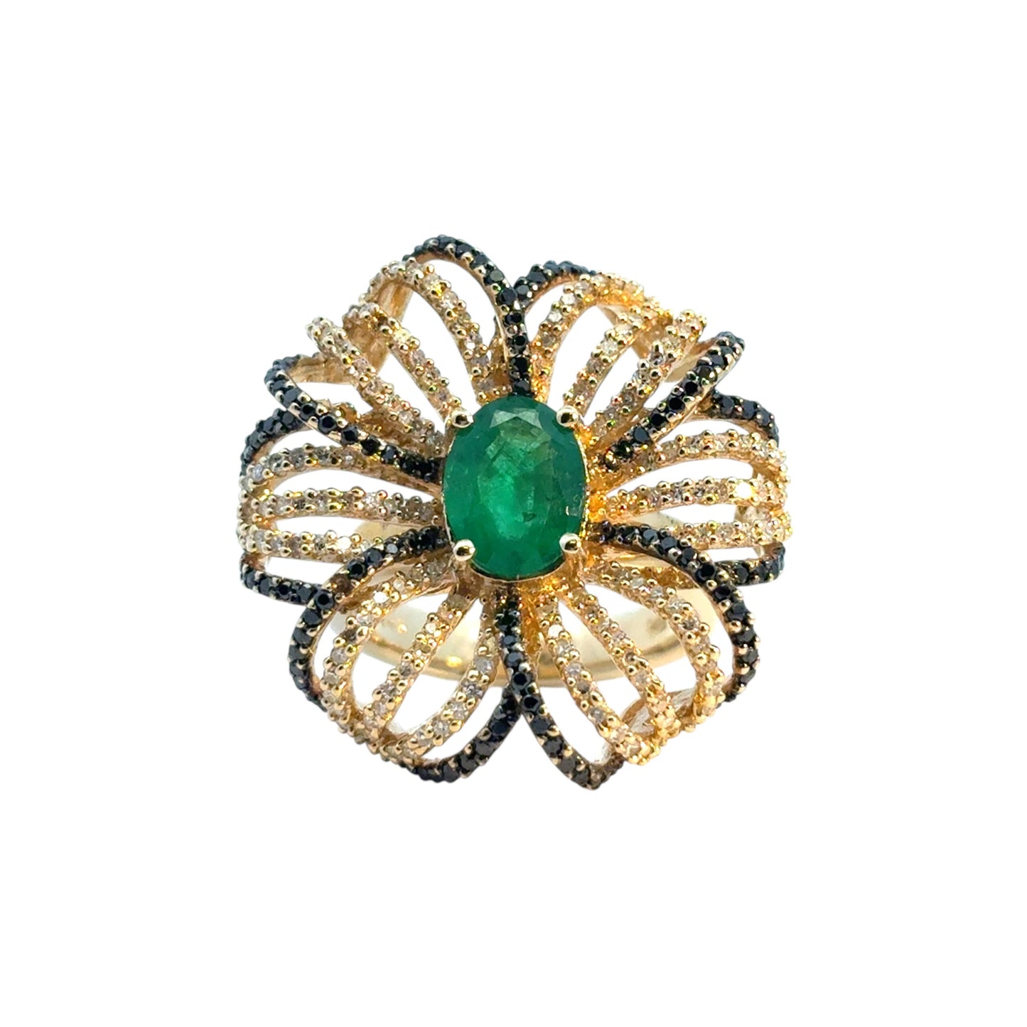 14k Yellow Gold Oval Emerald and Black and White Diamond Flower Ring