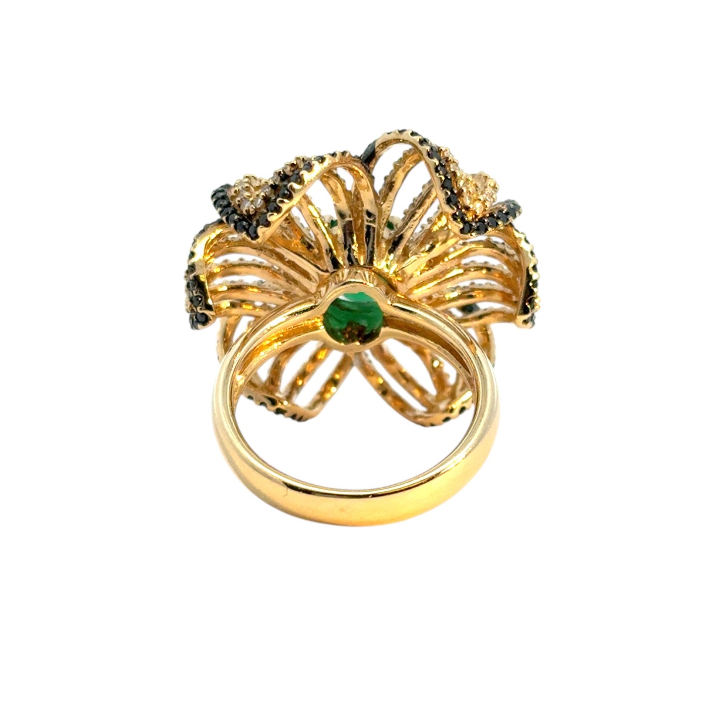 14k Yellow Gold Oval Emerald and Black and White Diamond Flower Ring