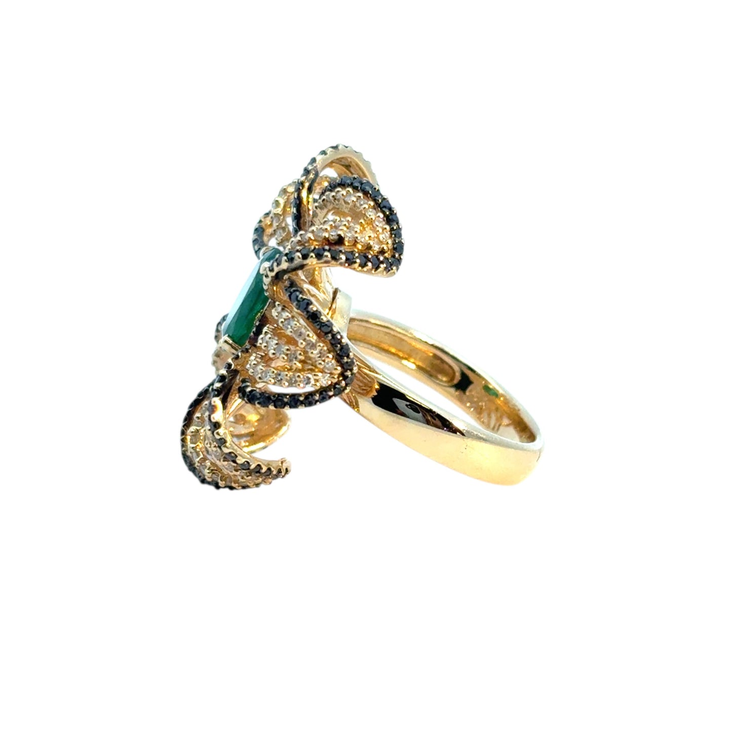 14k Yellow Gold Oval Emerald and Black and White Diamond Flower Ring