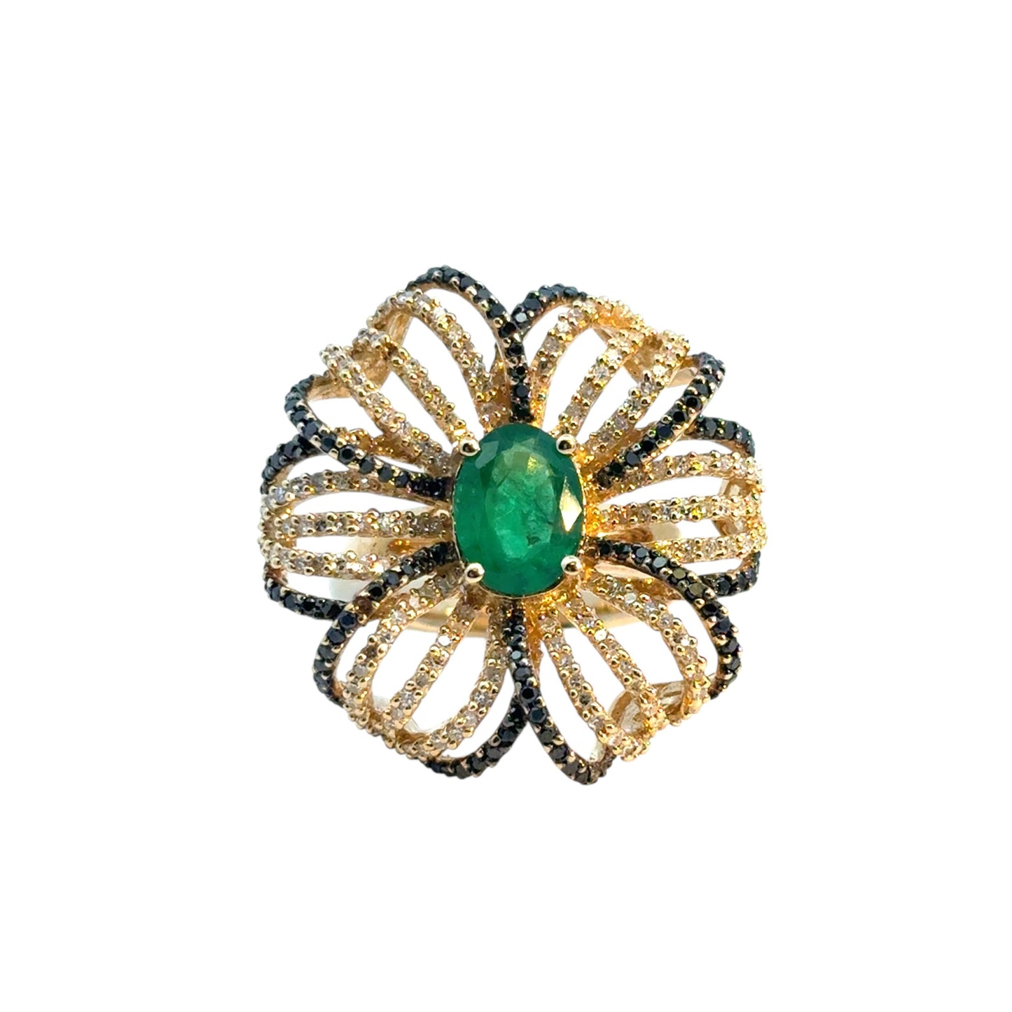 14k Yellow Gold Oval Emerald and Black and White Diamond Flower Ring