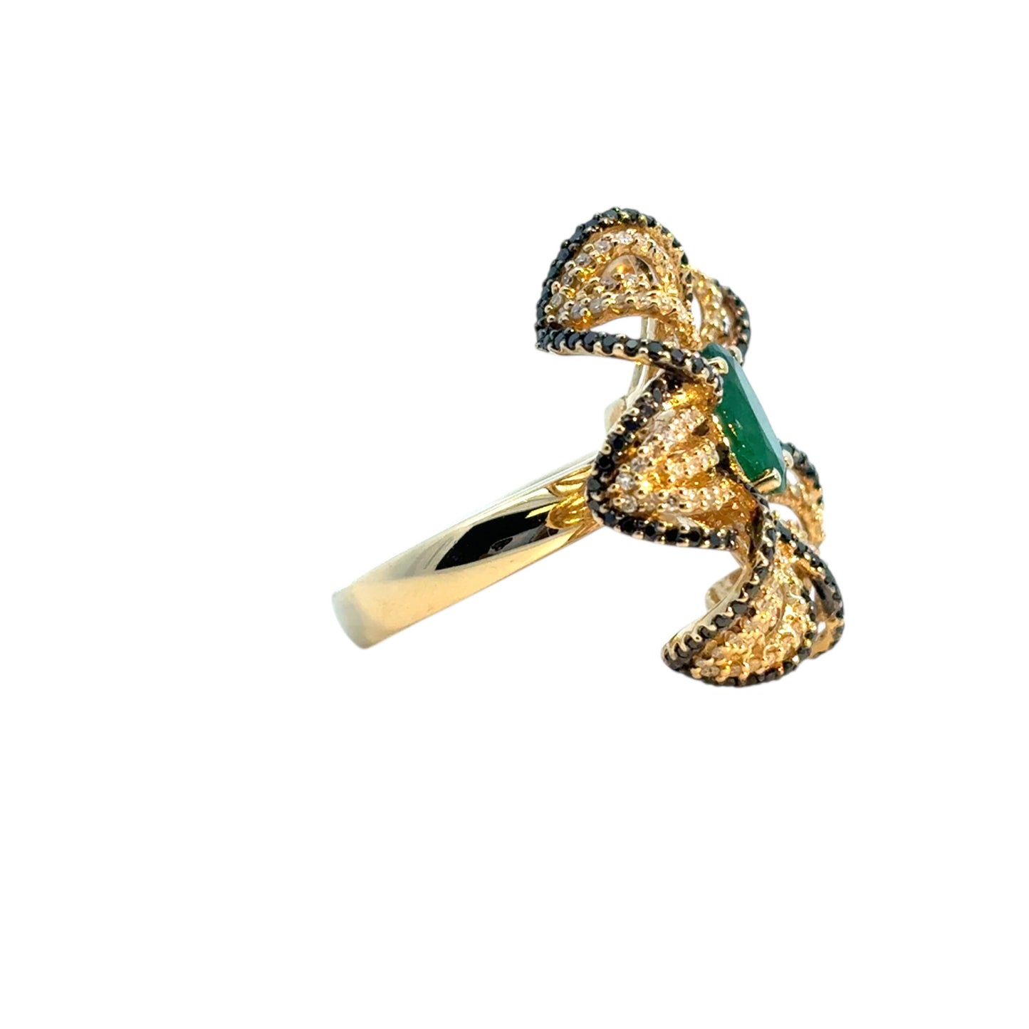 14k Yellow Gold Oval Emerald and Black and White Diamond Flower Ring