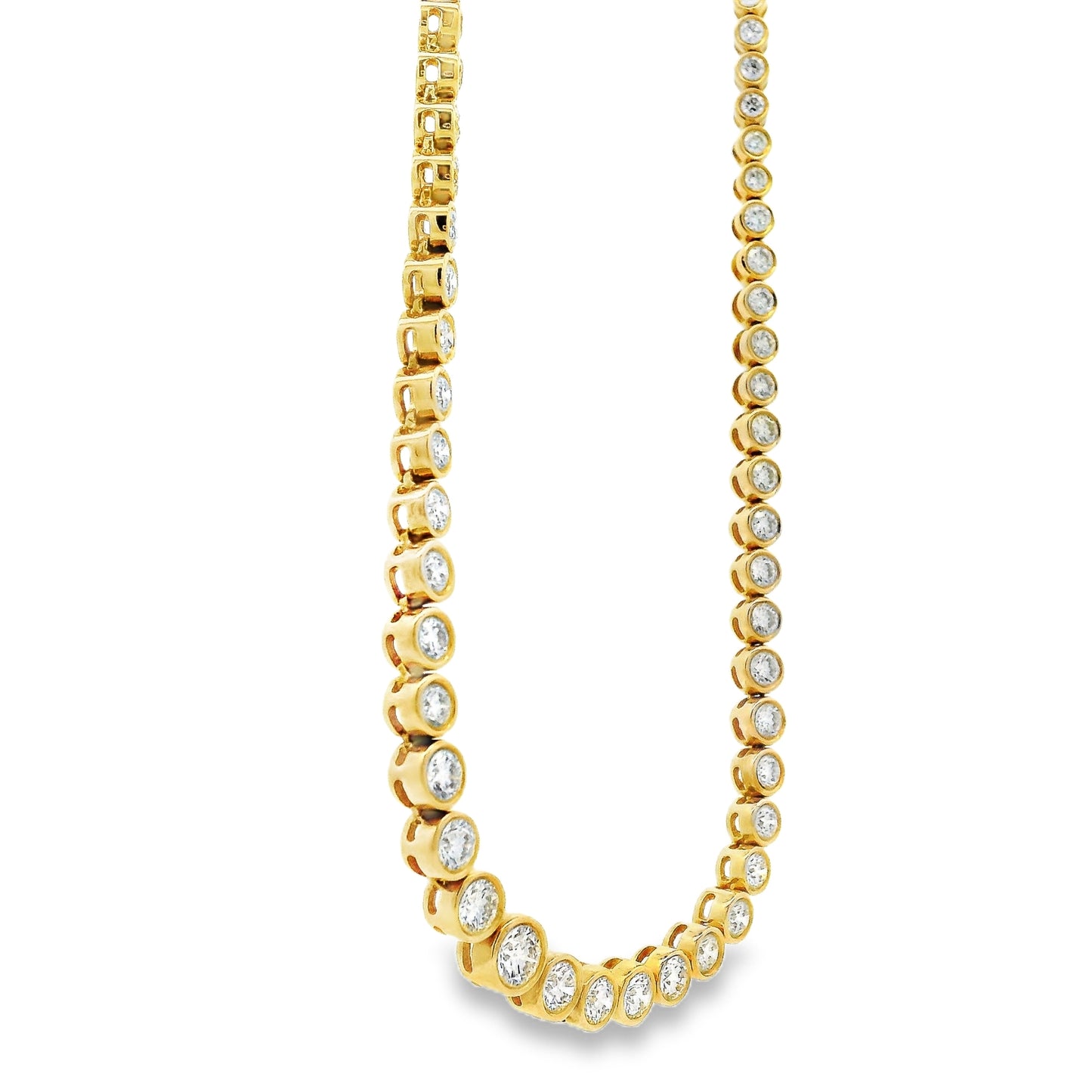 14k Yellow Gold 3.40ctw Round Diamond Bezel Set 1/2 Way Round Tennis Necklace.