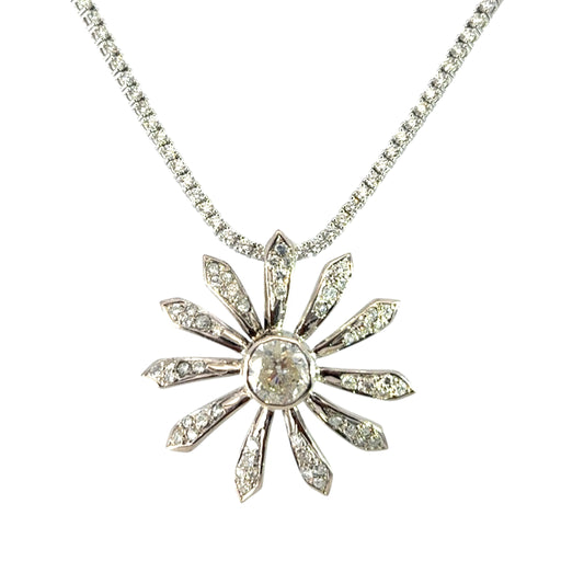 14k White Gold Flower Pendant on a 4.65ctw Natural Round Brilliant Diamond Tennis Necklace