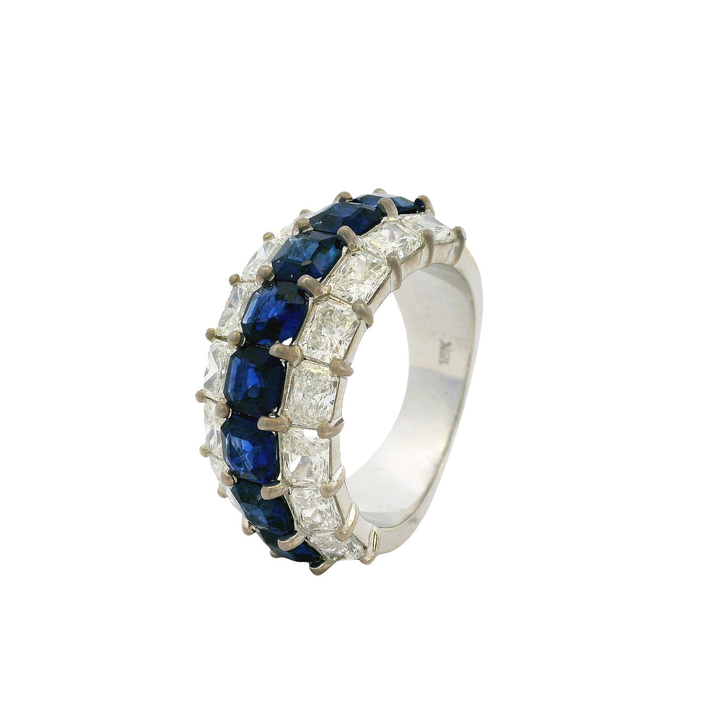 18k White Gold Natural Emerald Sapphire & Natural Radiant Diamond Three Row Wide Ring