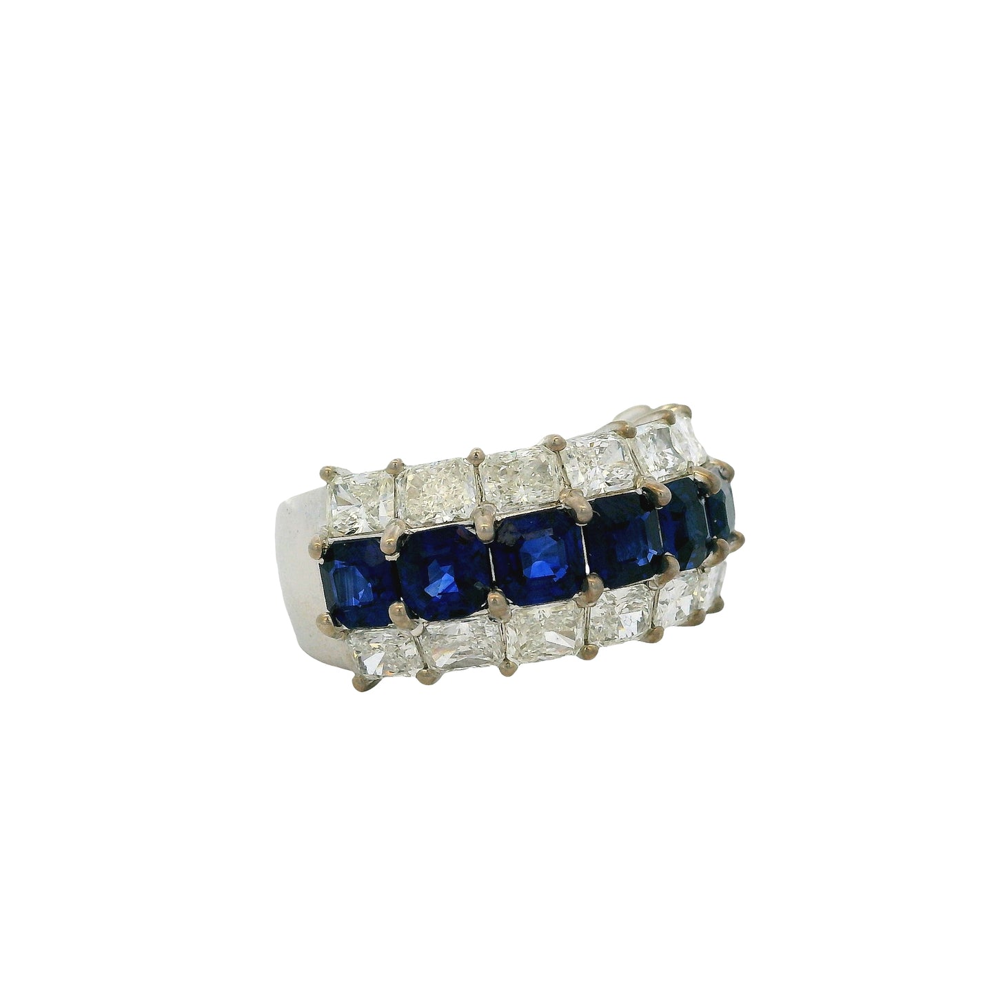 18k White Gold Natural Emerald Sapphire & Natural Radiant Diamond Three Row Wide Ring