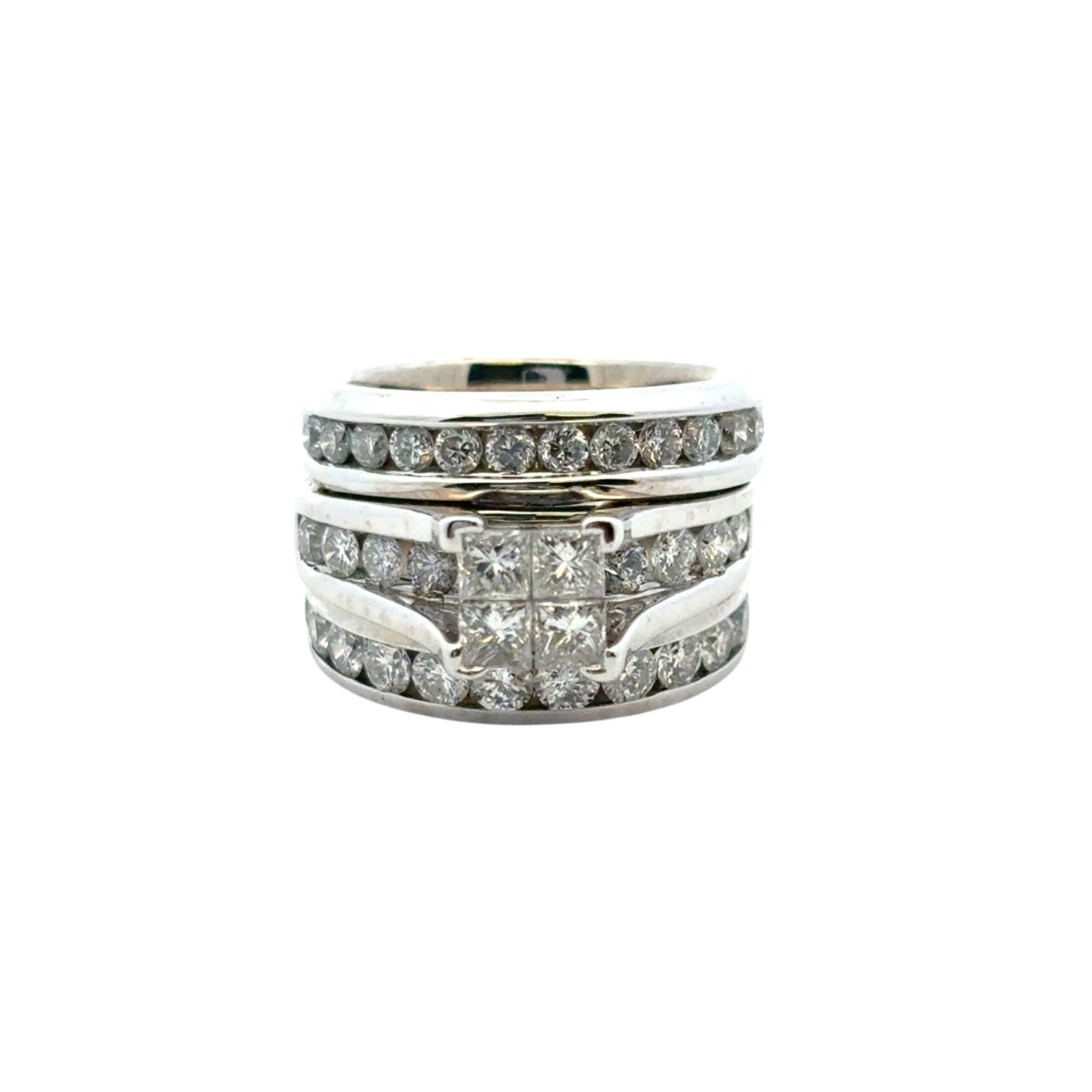 14k White Gold 3 Row Diamond Ring