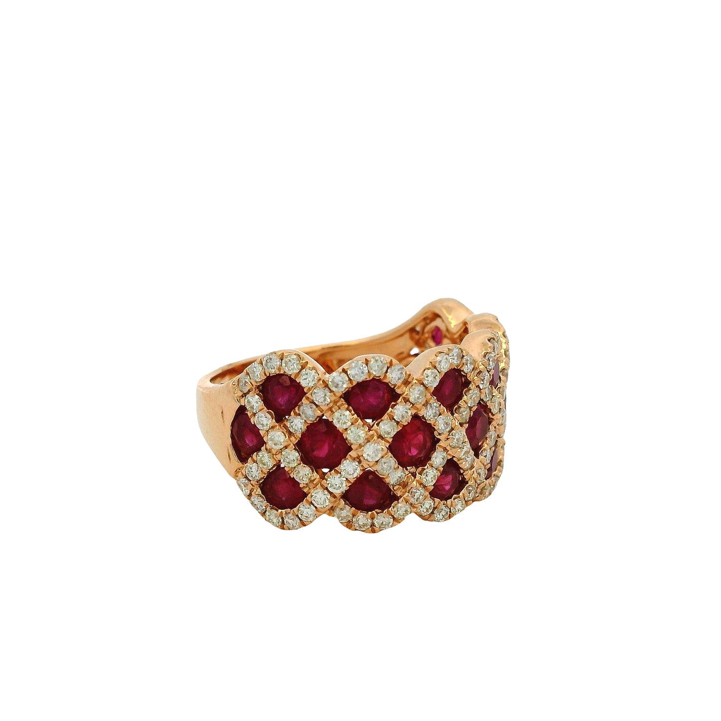 14k Rose Gold 2.18ctw Ruby and 0.95ctw Natural Round Brilliant Diamond Criss Cross Ring