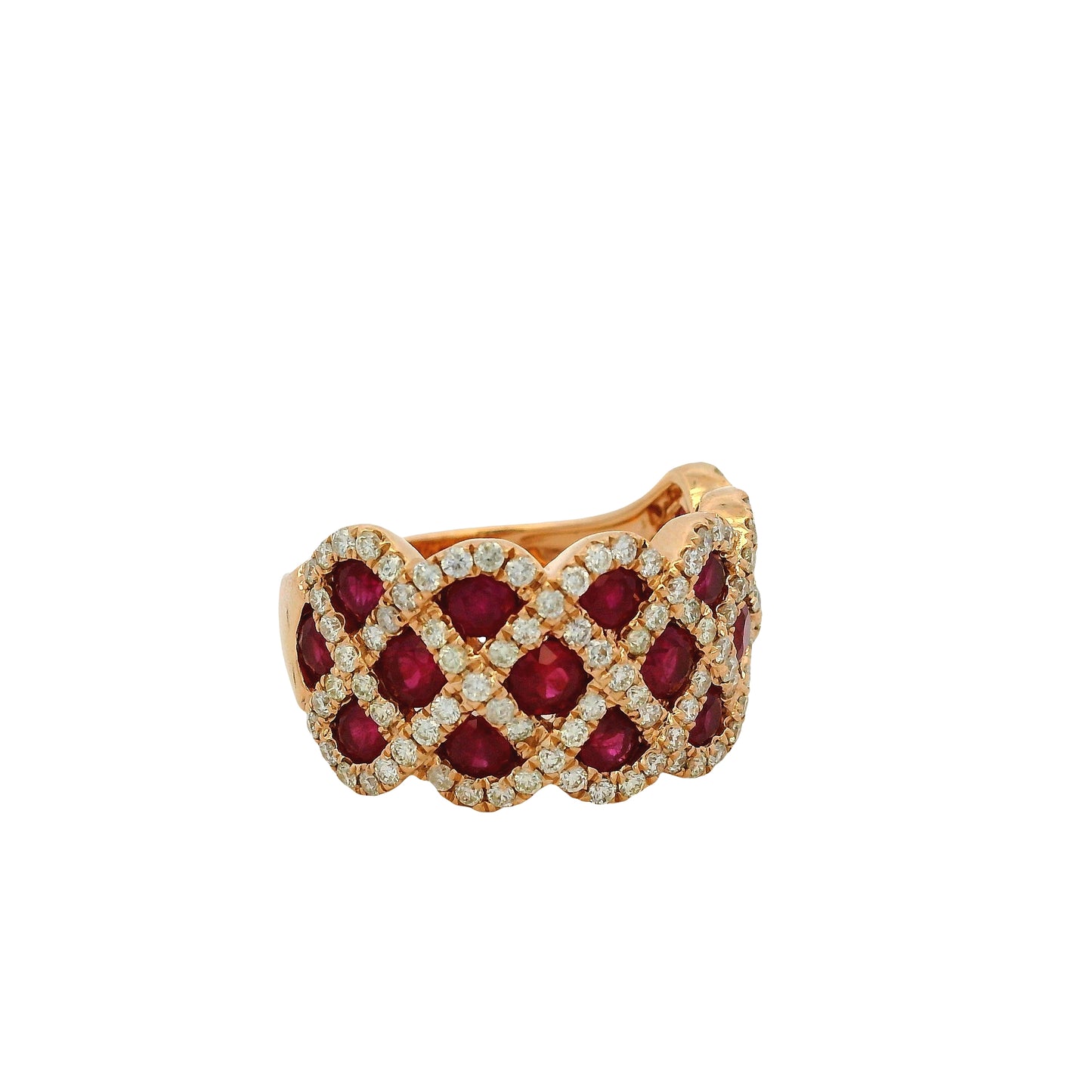 14k Rose Gold 2.18ctw Ruby and 0.95ctw Natural Round Brilliant Diamond Criss Cross Ring