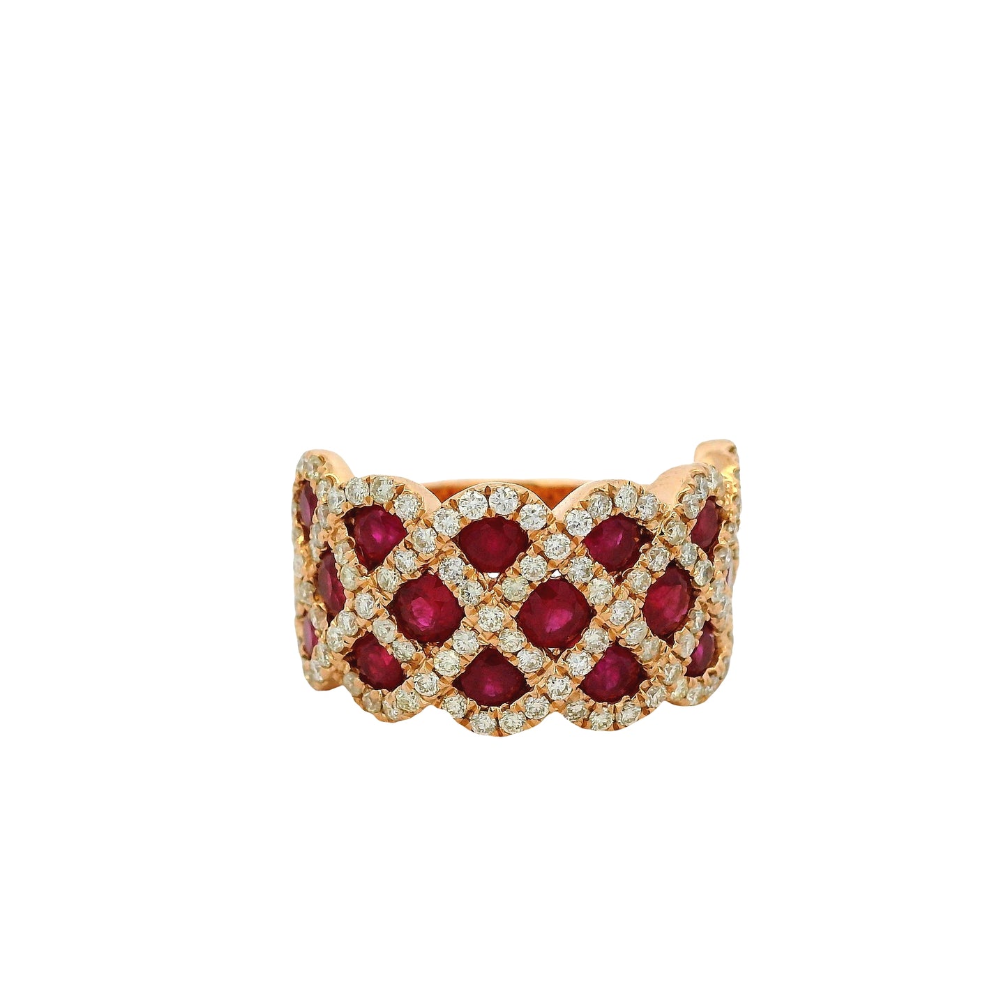 14k Rose Gold 2.18ctw Ruby and 0.95ctw Natural Round Brilliant Diamond Criss Cross Ring
