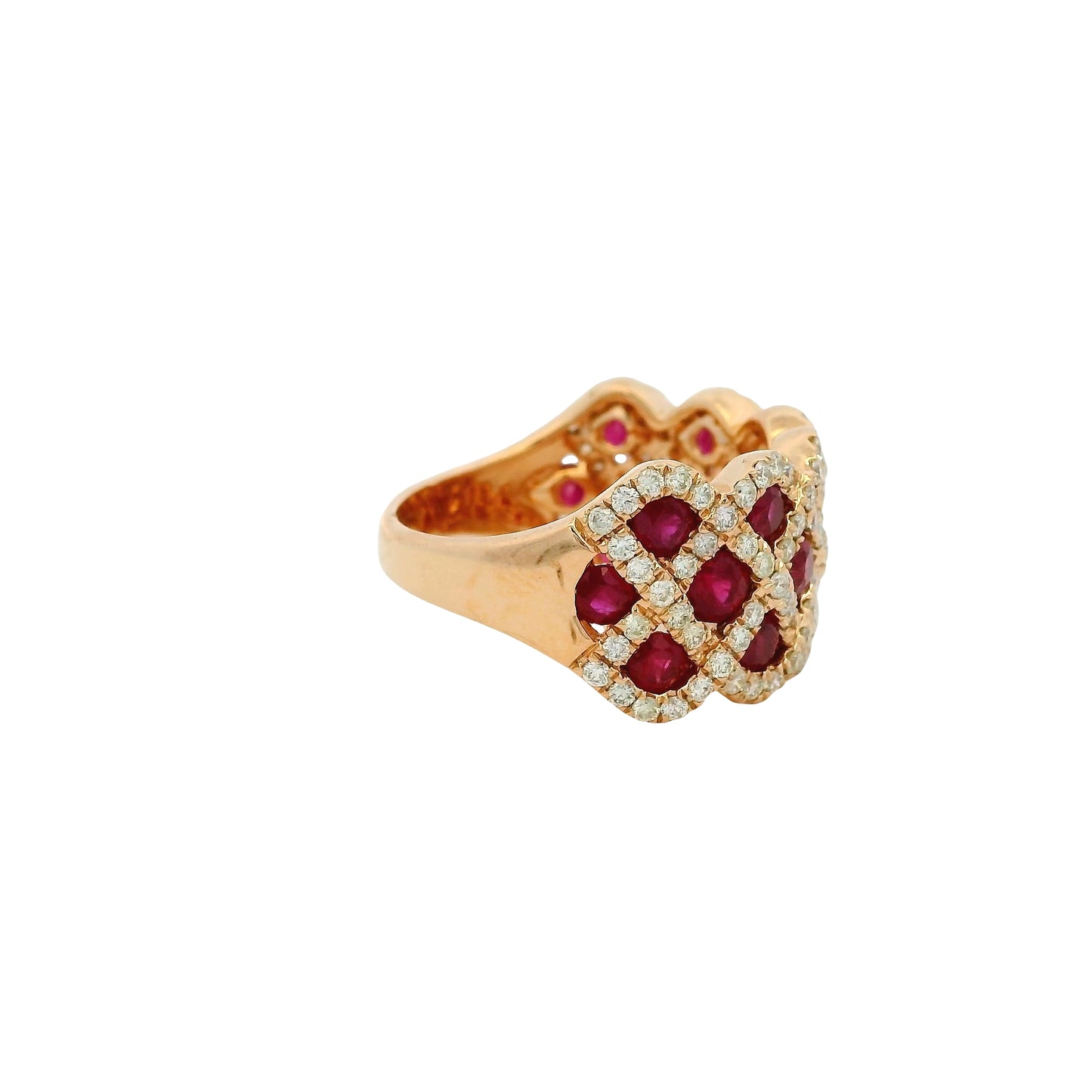 14k Rose Gold 2.18ctw Ruby and 0.95ctw Natural Round Brilliant Diamond Criss Cross Ring