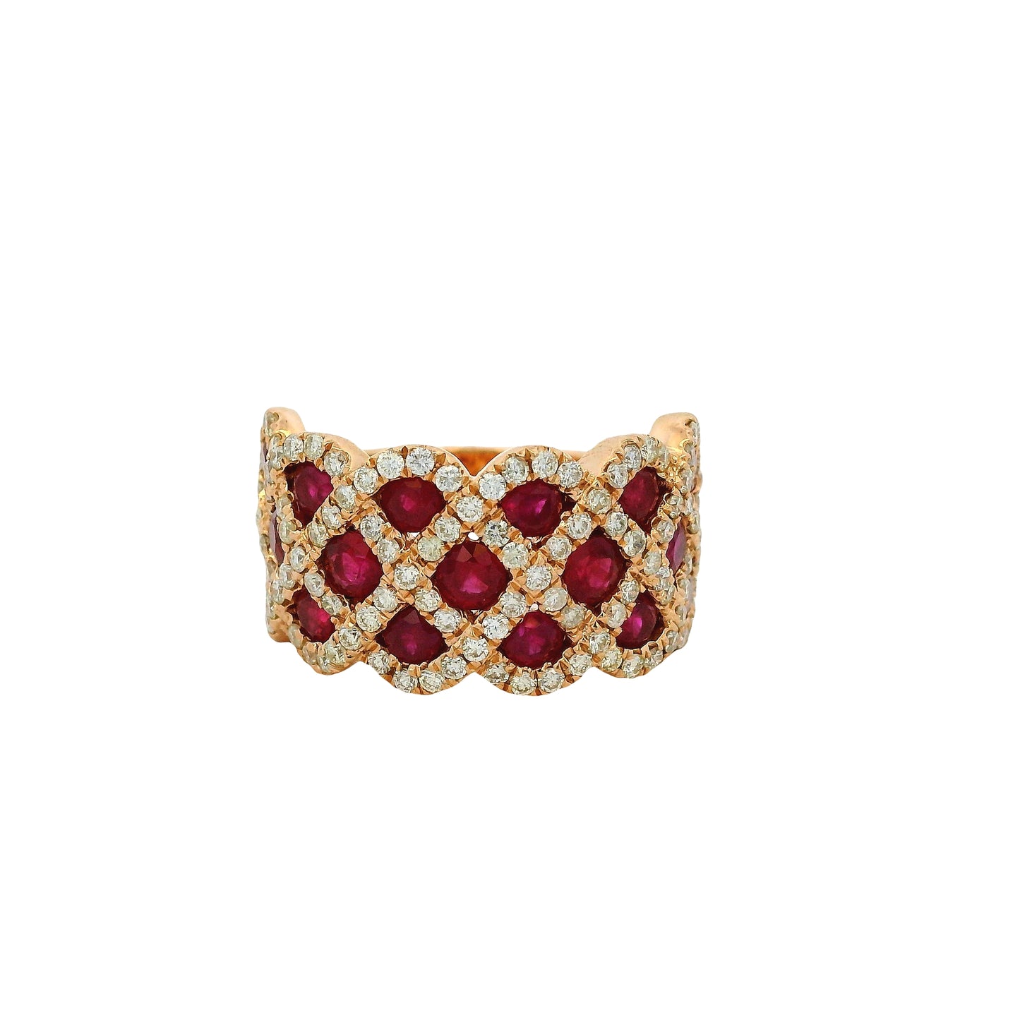 14k Rose Gold 2.18ctw Ruby and 0.95ctw Natural Round Brilliant Diamond Criss Cross Ring