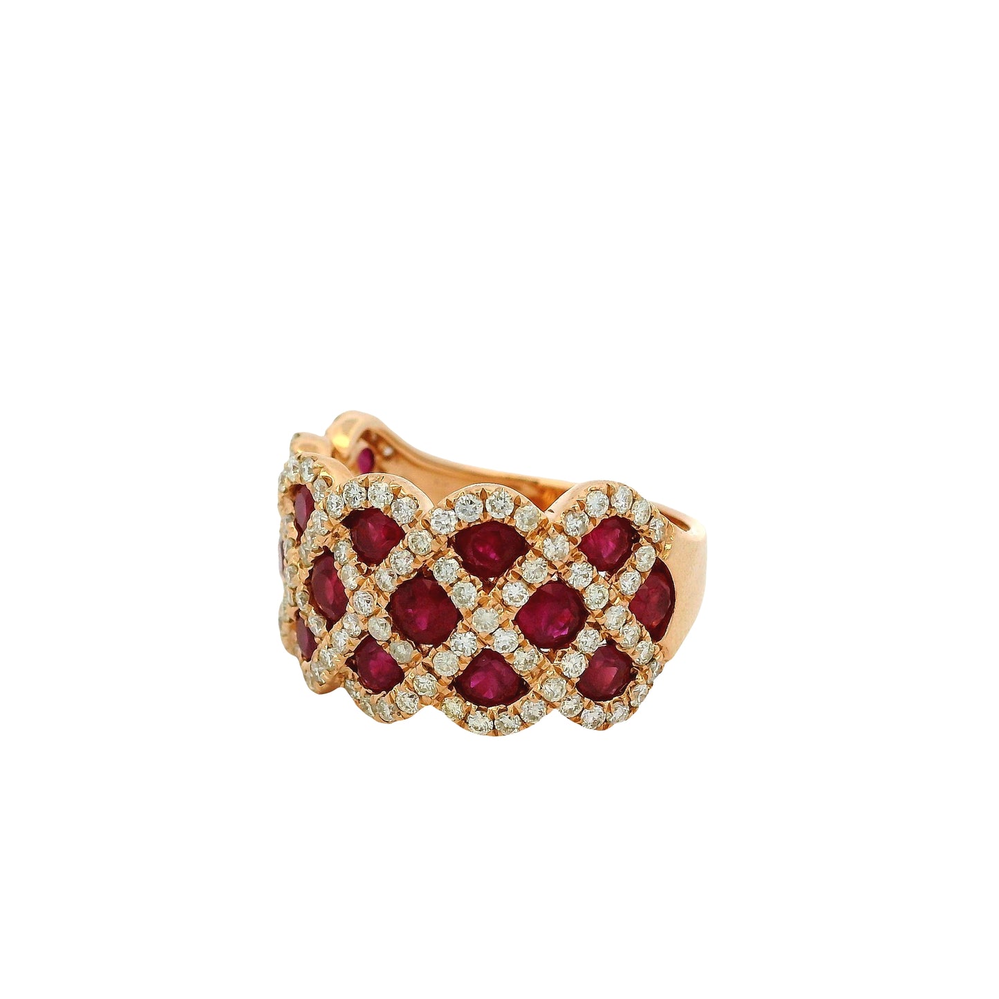 14k Rose Gold 2.18ctw Ruby and 0.95ctw Natural Round Brilliant Diamond Criss Cross Ring