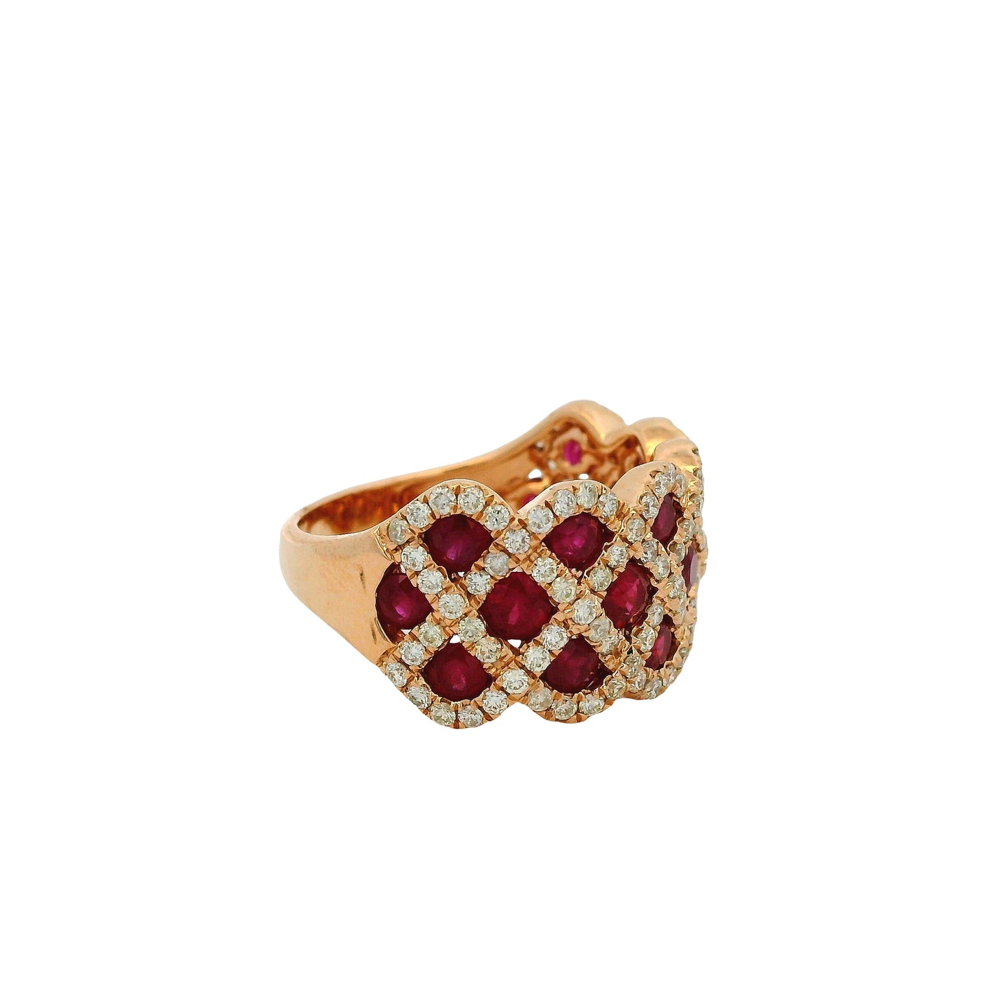 14k Rose Gold 2.18ctw Ruby and 0.95ctw Natural Round Brilliant Diamond Criss Cross Ring