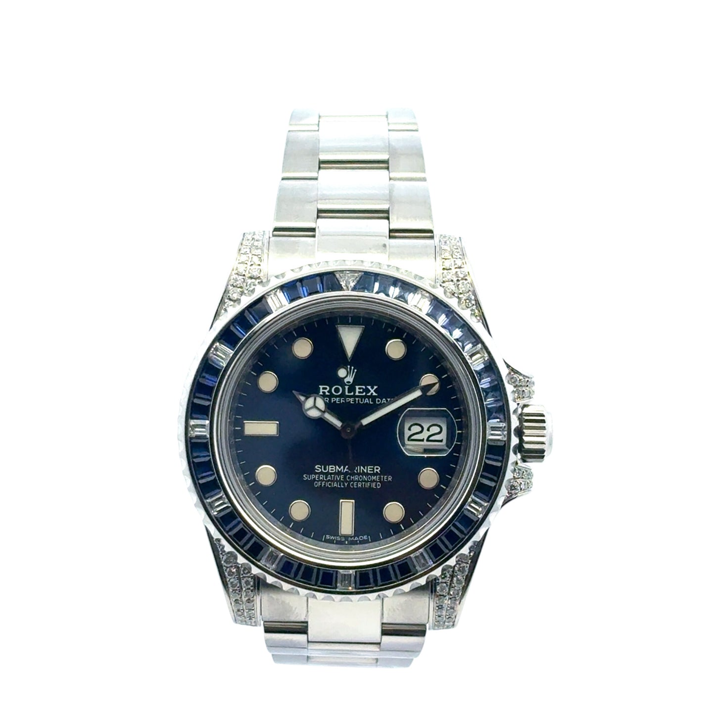 Rolex 116610 Submariner Watch with Aftermarket Blue Sapphires & Diamonds