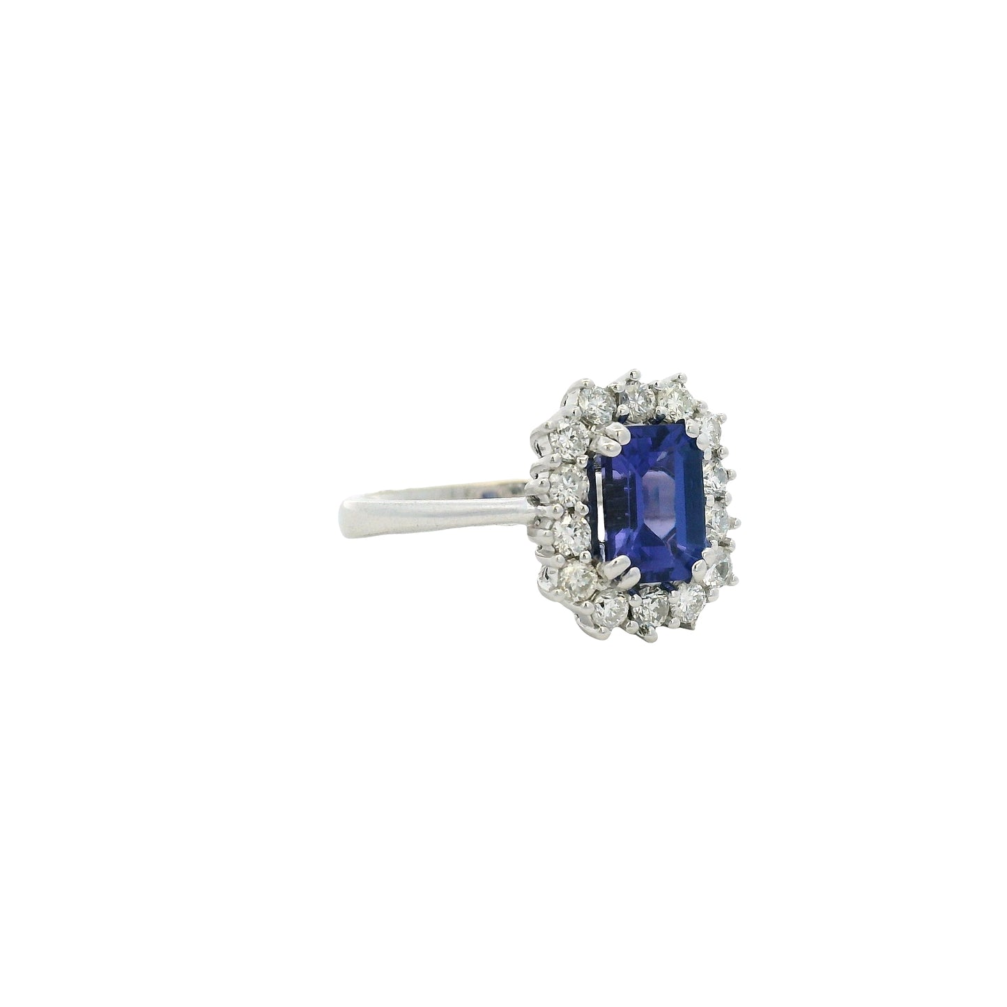 14k White Gold Emerald Cut Tanzanite and Round Diamond Ring