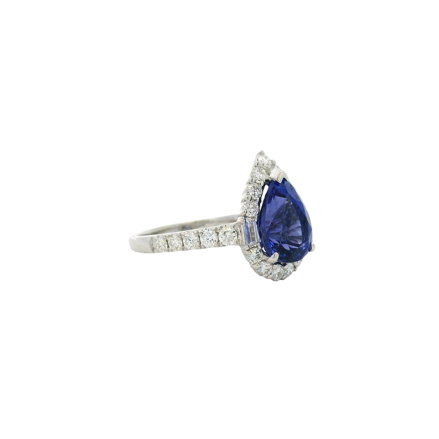 18k White Gold Pear Cut Tanzanite and Baguette and Round Diamond Engagement Ring