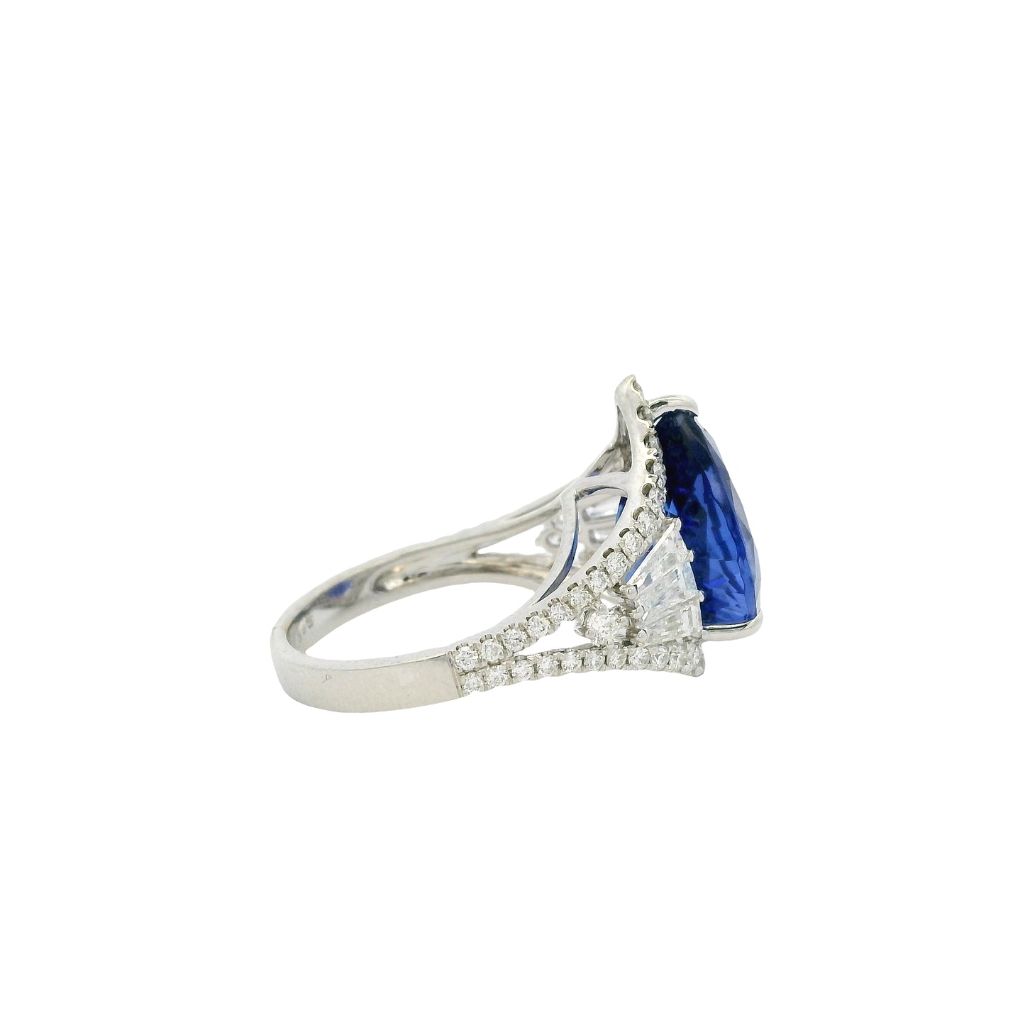 18k White Gold 7.95ctw Pear Cut Tanzanite and 1.47ctw Round and Baguette Diamond Ring