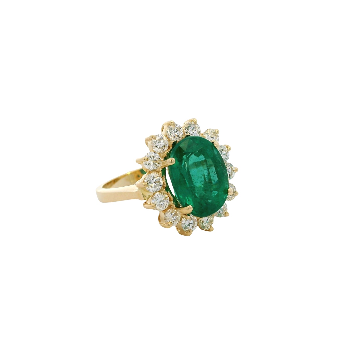 14k Yellow Gold GAL Certified 5.60ct Oval Cut Emerald and 1.35ctw Round Diamond Ring