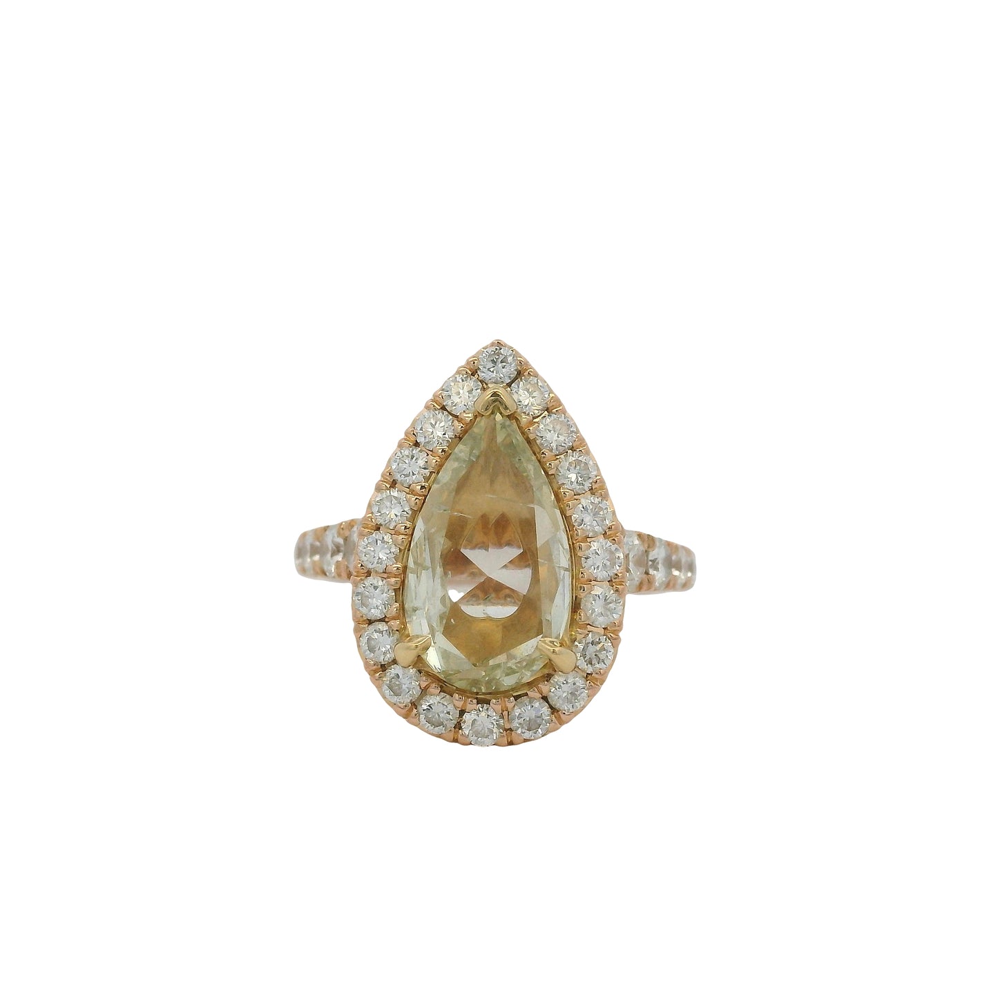 Henri Daussi 18k Rose Gold 2.02ct Fancy Light Yellow Rose Cut Pear Shape Diamond Engagement Ring