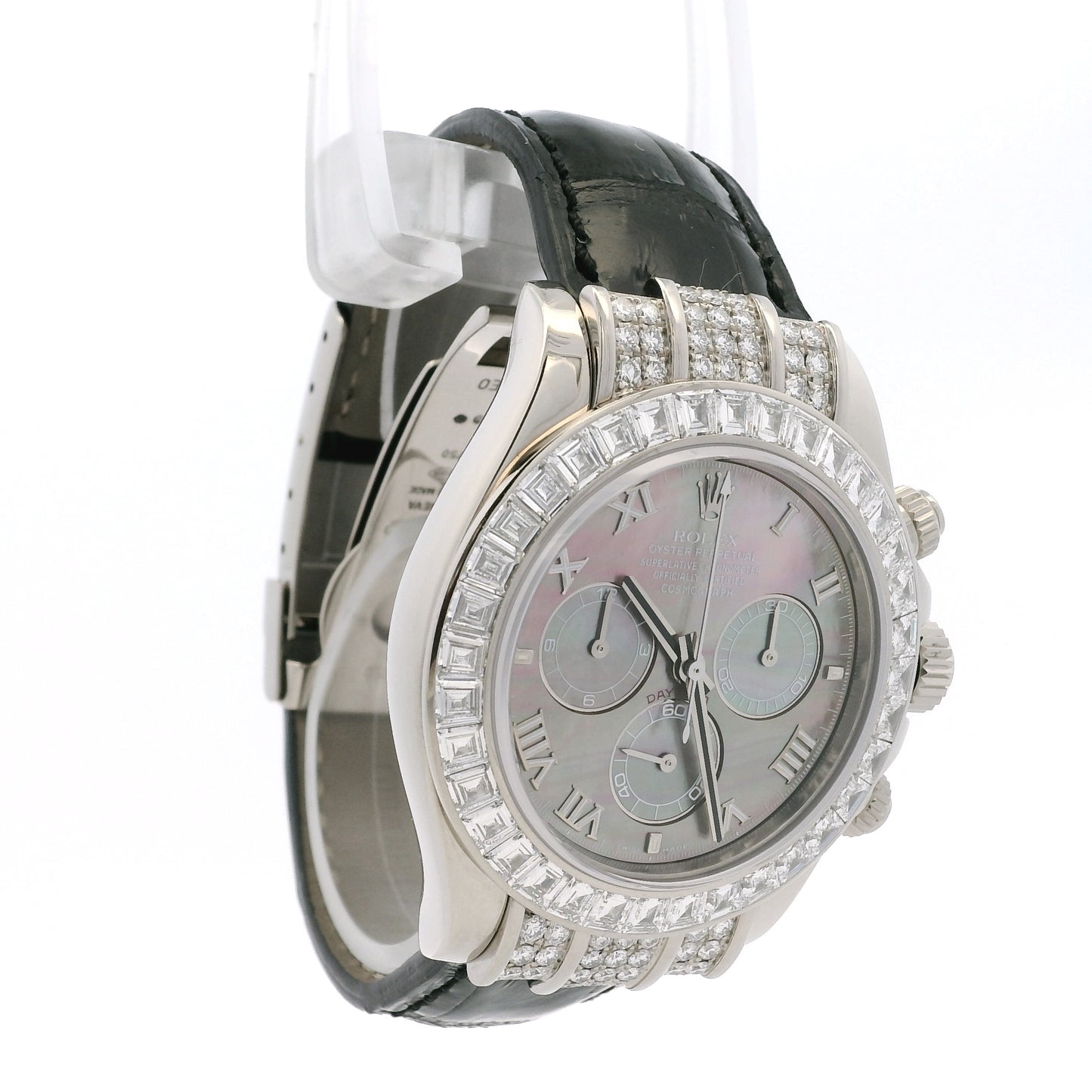 Rolex 116599TBR Factory Baguette Diamond Bezel and Roman Mother of Pearl Dial Watch