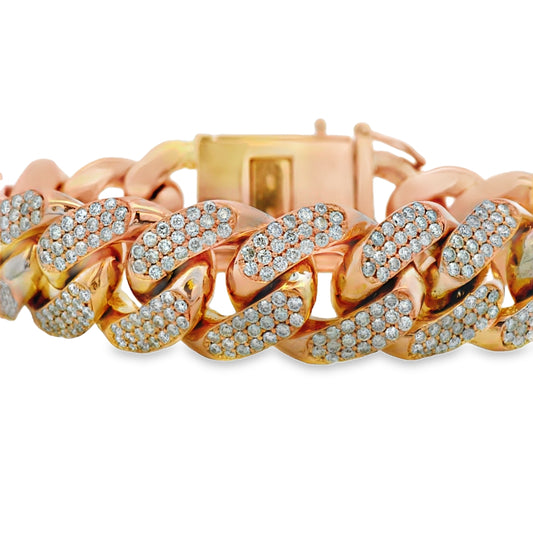 14K Rose Gold 14.80ctw Natural Round Brilliant Diamond-Set Cuban Link Chain Bracelet