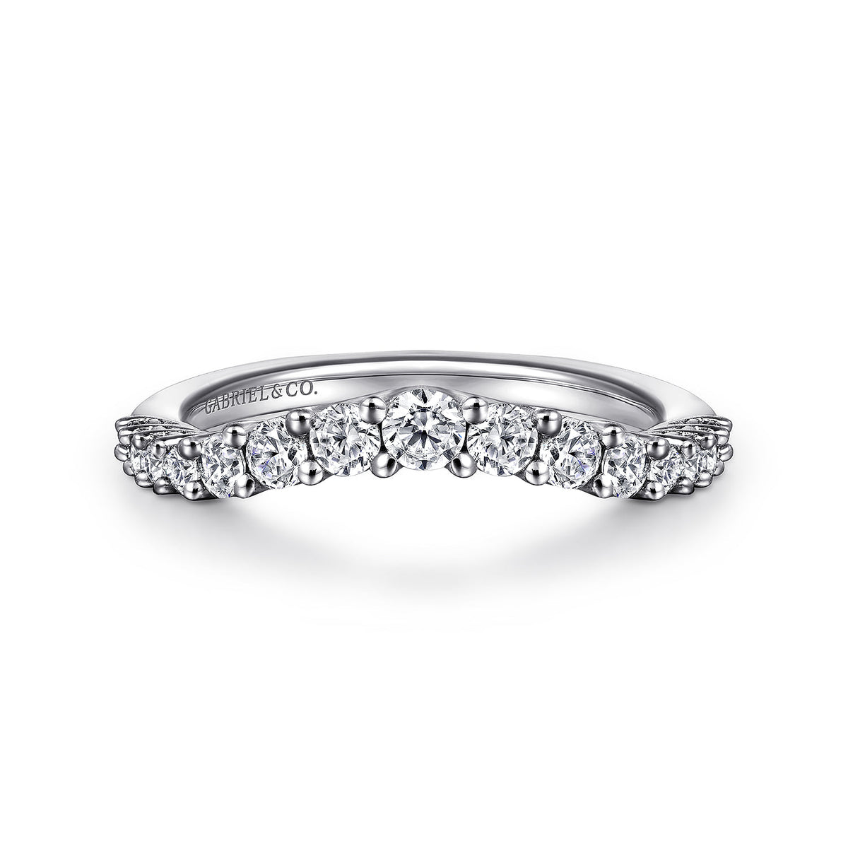 Curved 14K White Gold Shared Prong Diamond Wedding Band — Gabriel & Co. AN10959W44JJ